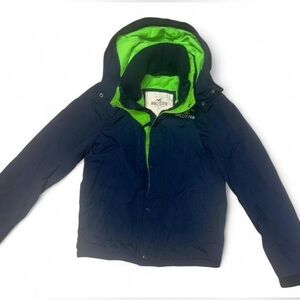 Men’s Y2K Hollister navyneon green puffer jacket fleece lined parka hooded 2000s
